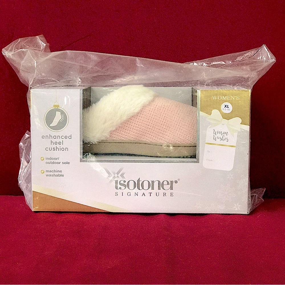 💖NWT Isotoner Signature Cozy Pink Knit Faux-Fur Lined Women's Slip-On Slippers